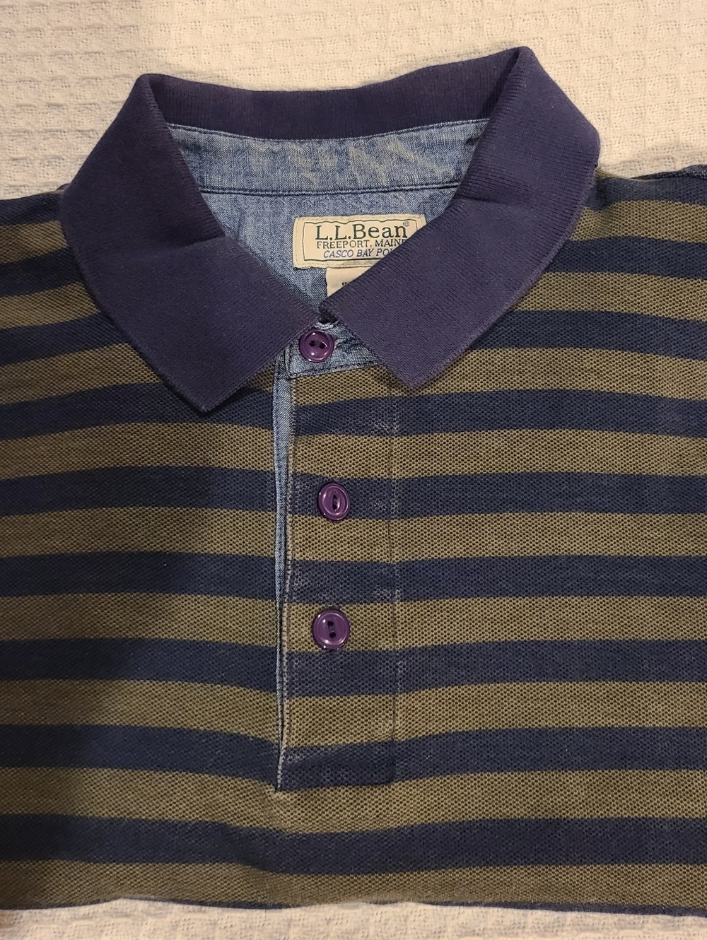 L.L. Bean Olive and Navy Striped Polo with Purple Buttons